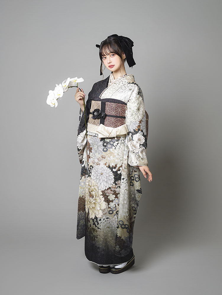 【cocoa】お振袖 白黒ツートン 花柄　かたみがわり　九重ブランド cocoa】お振袖 白黒ツートン 花柄 かたみがわり 九重ブランド 30